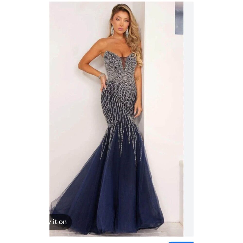 NWT Terani Couture 1921E0134 Navy Silver Beaded Mermaid Prom Gown Size 4